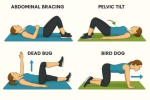 Physical therapist demonstrating abdominal bracing, dead bug, glute bridge, and bird-dog exercises