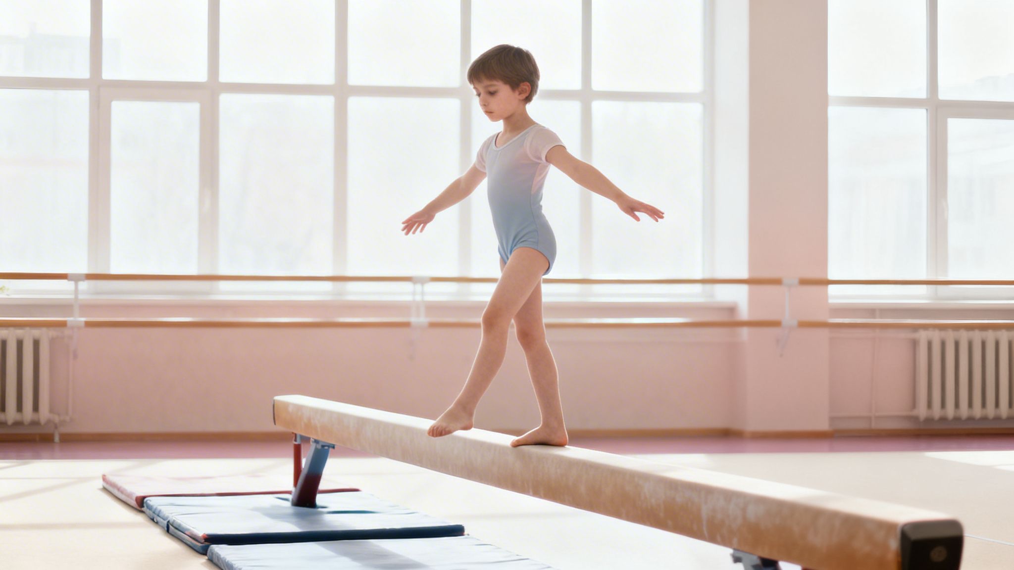 A young child in a blue leotard practices walking on a balance beam in a bright gym.