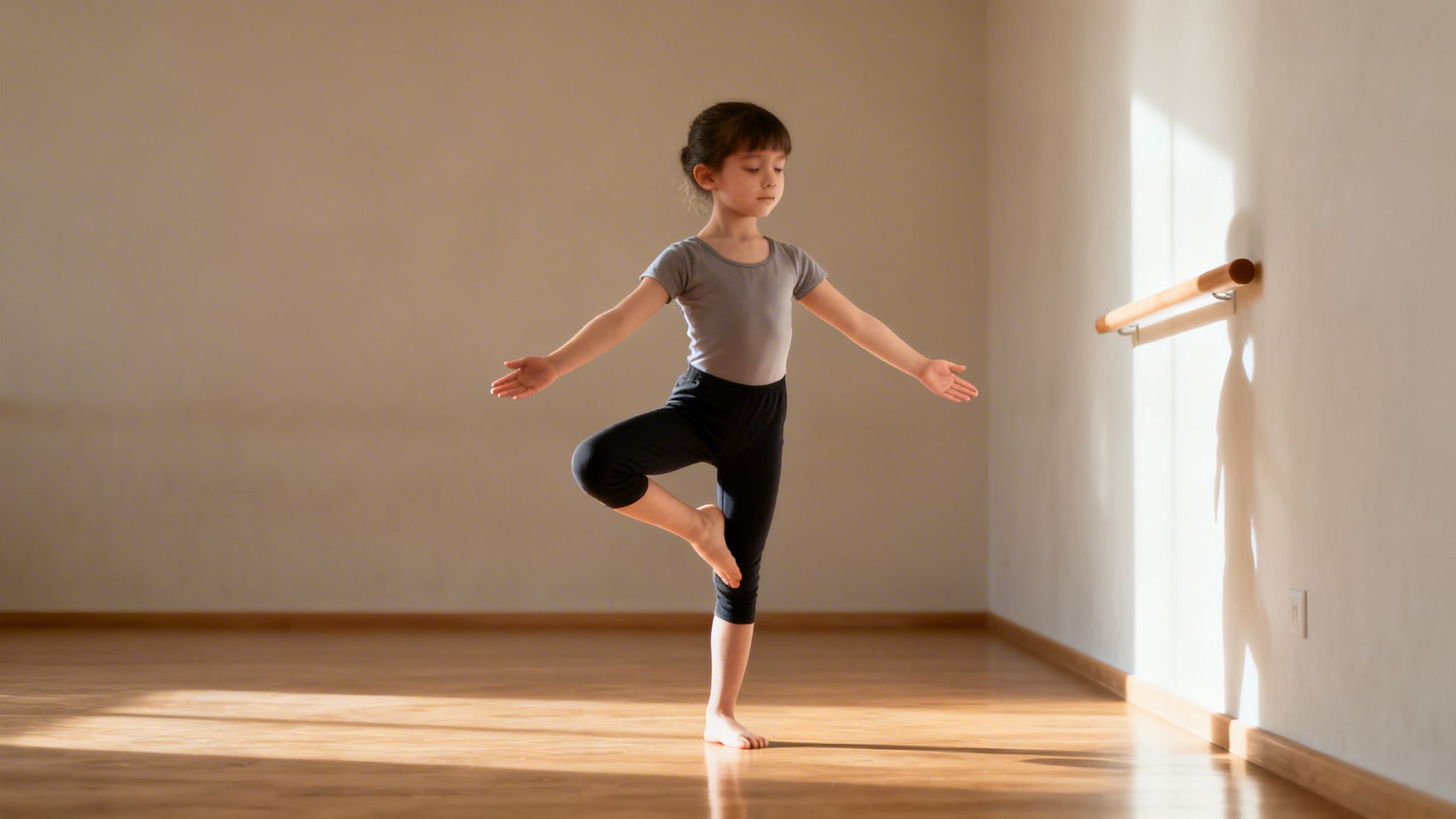 A young girl in a ballet studio practices a balance pose, standing on one leg with arms out.