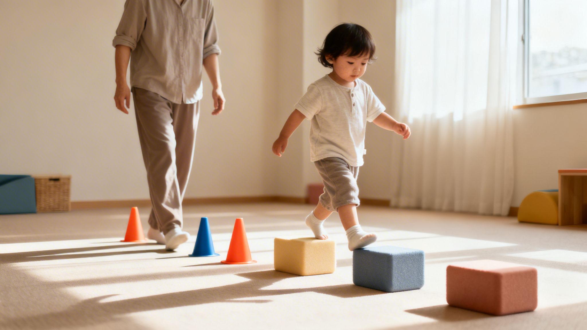 A young child practices walking on colorful soft blocks for balance, supervised by an adult indoors.