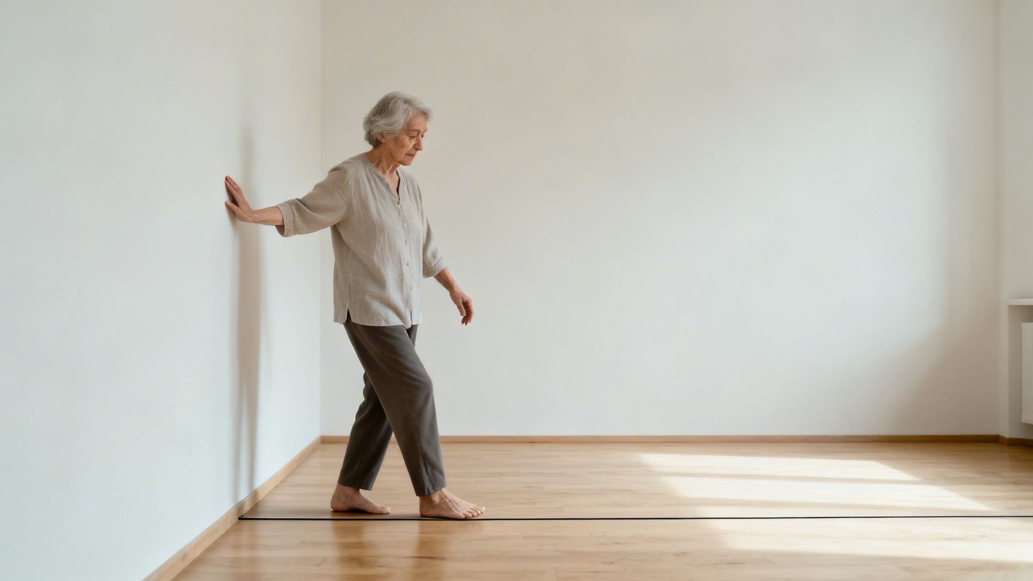 Senior woman performing balance exercises, gently touching a white wall for stability.