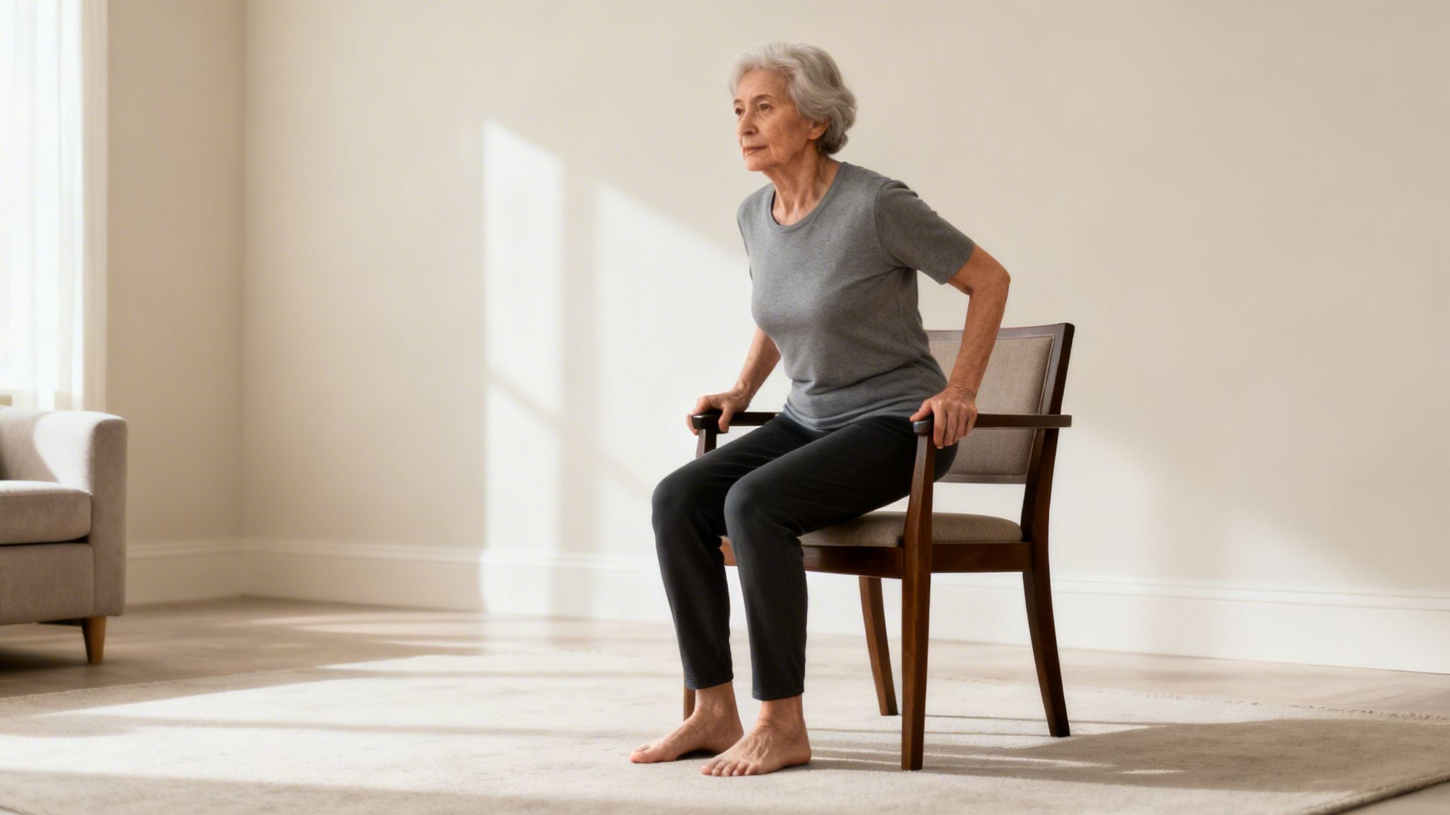 Elderly woman with grey hair preparing to stand from a chair for balance exercise.