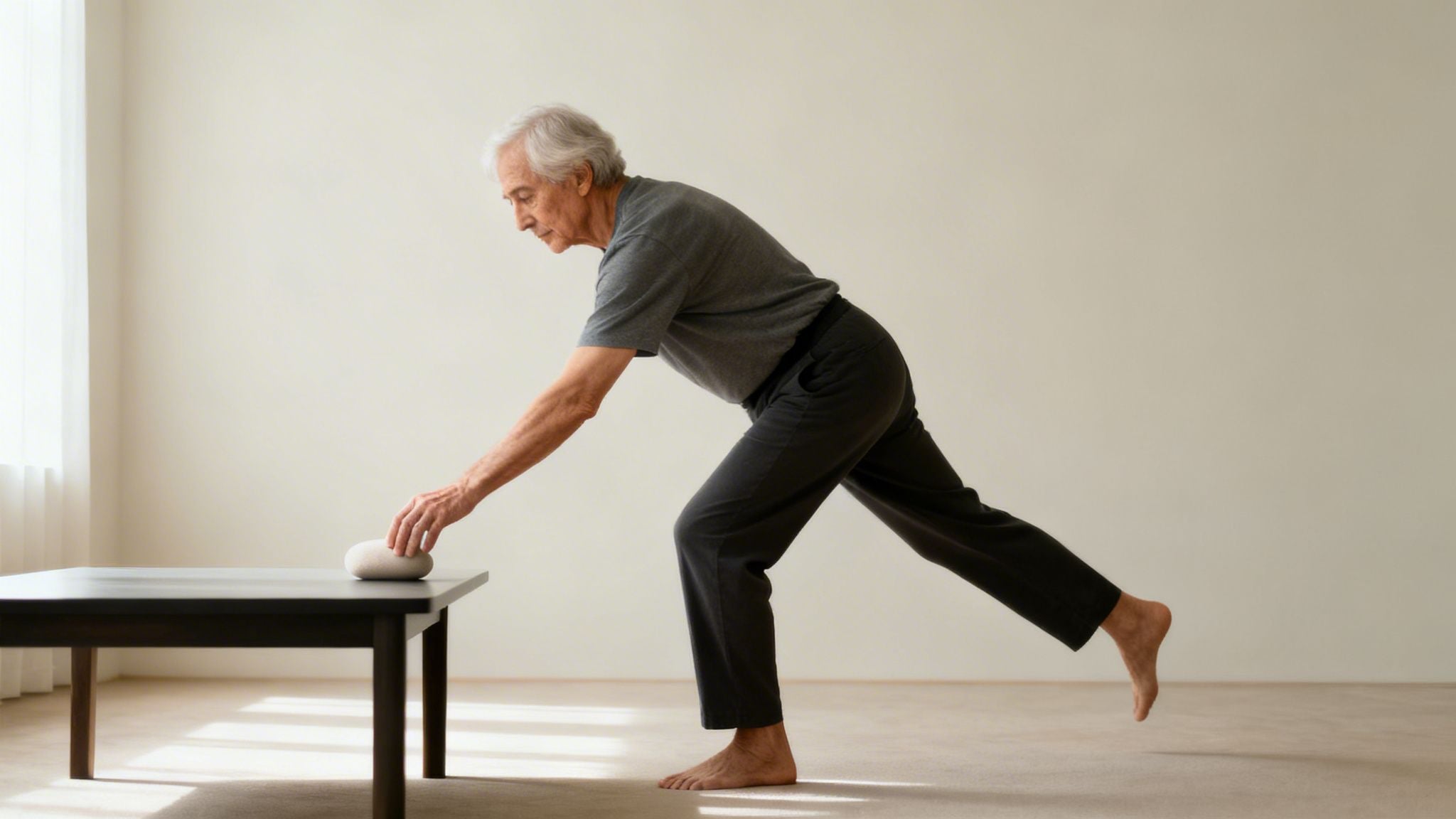 An elderly man balances on one foot while reaching for a smooth stone on a table.