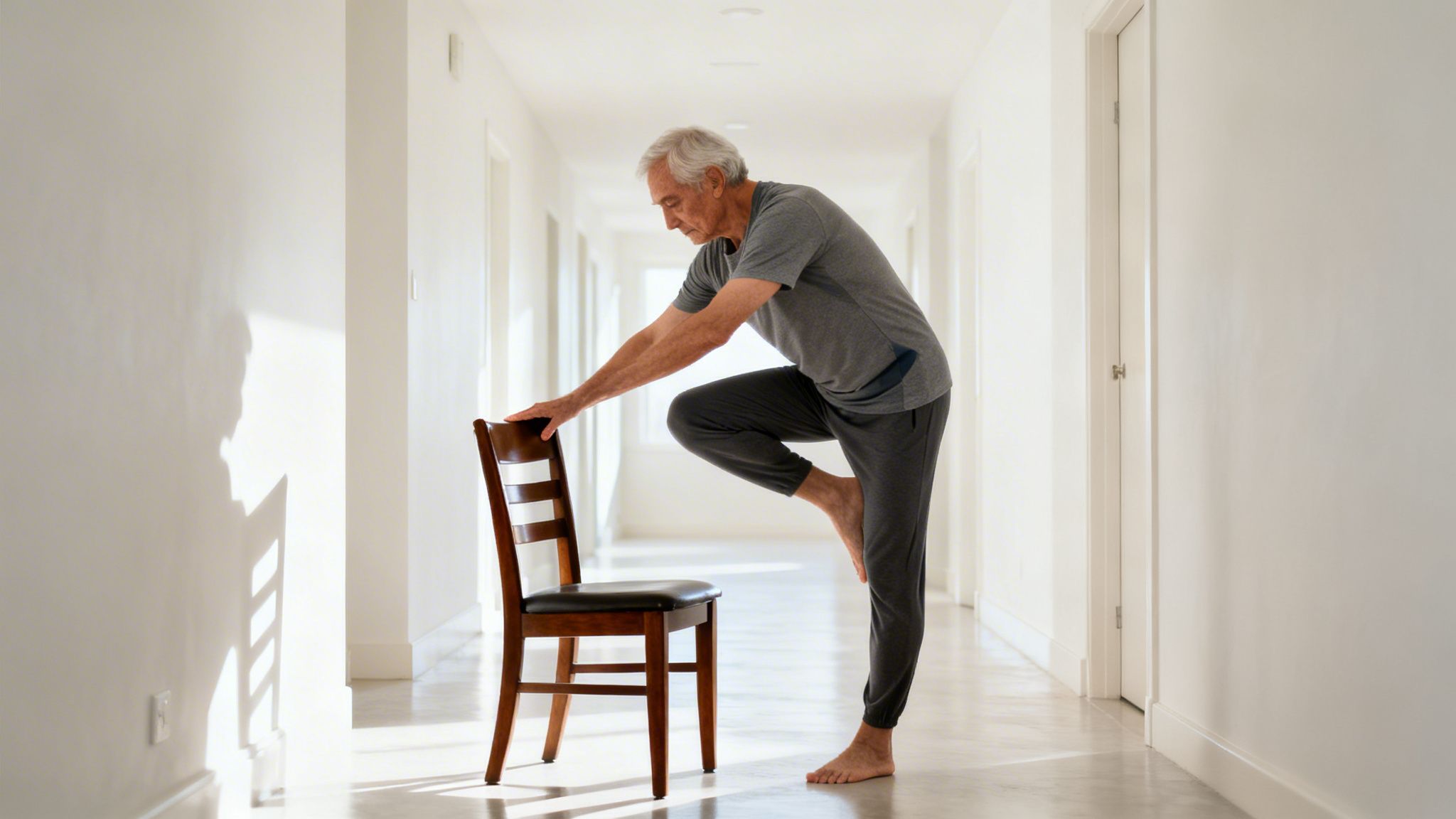 An elderly man practices balance exercises using a wooden chair for support in a bright hallway.