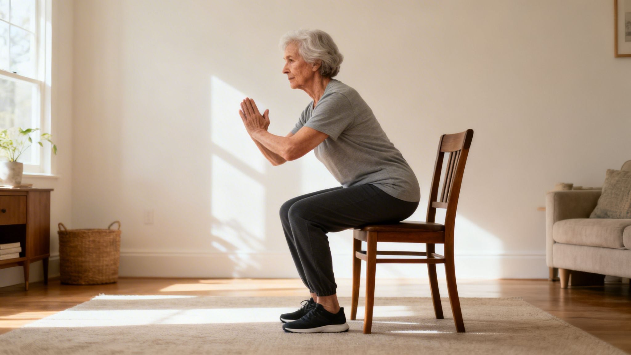 Elderly woman performing chair squats for fall prevention exercises in a bright room.