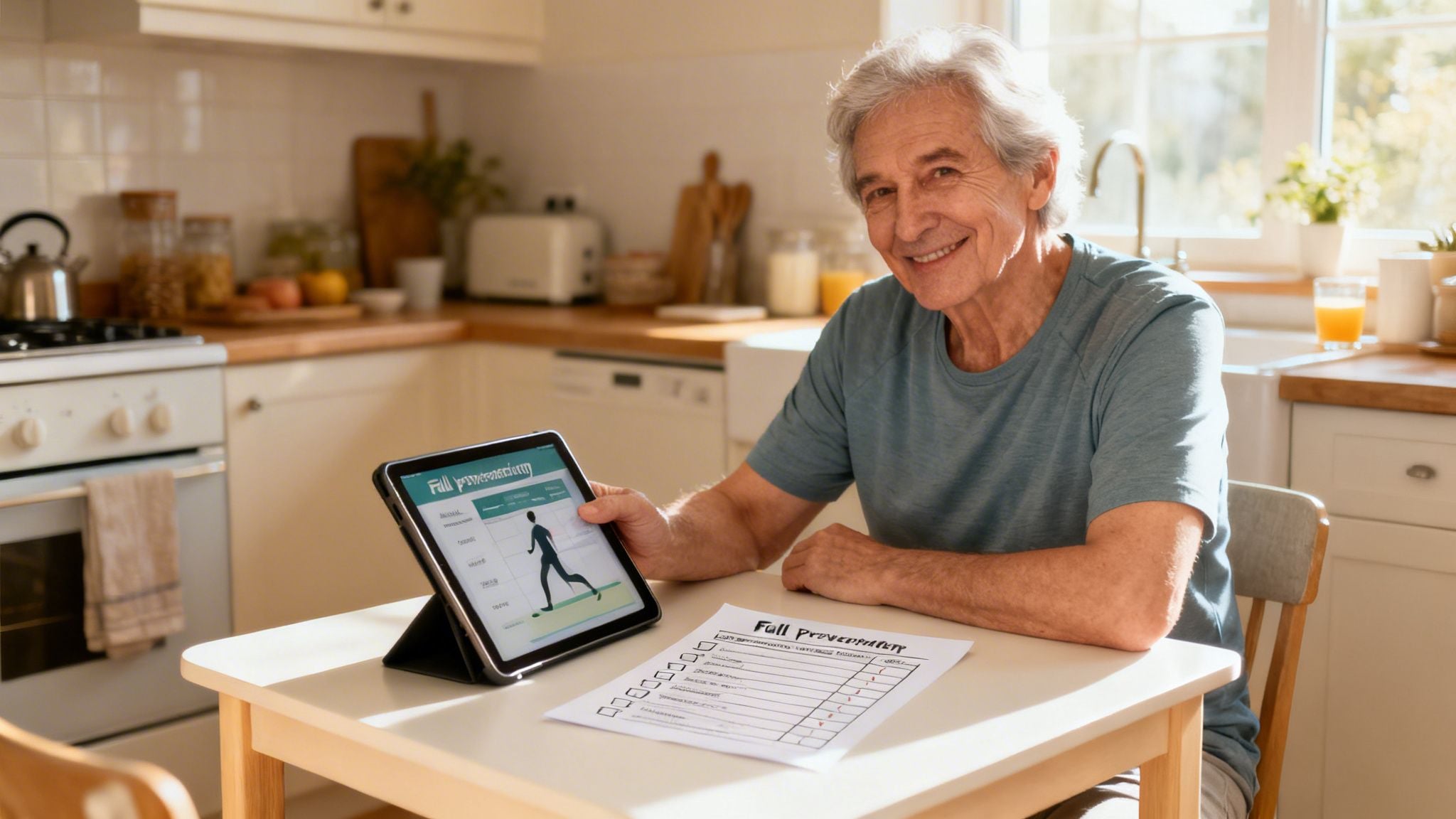 Smiling elderly man in kitchen studying fall prevention exercises on a tablet.
