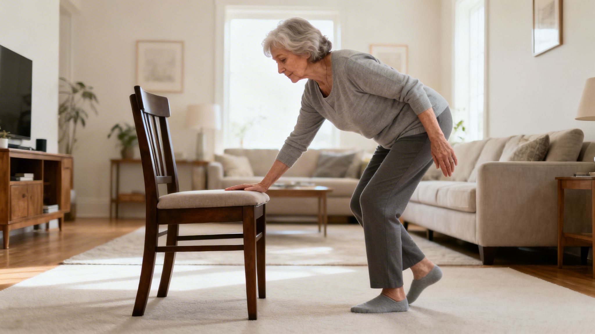 An older woman uses a chair for support, carefully bending down in her living room.