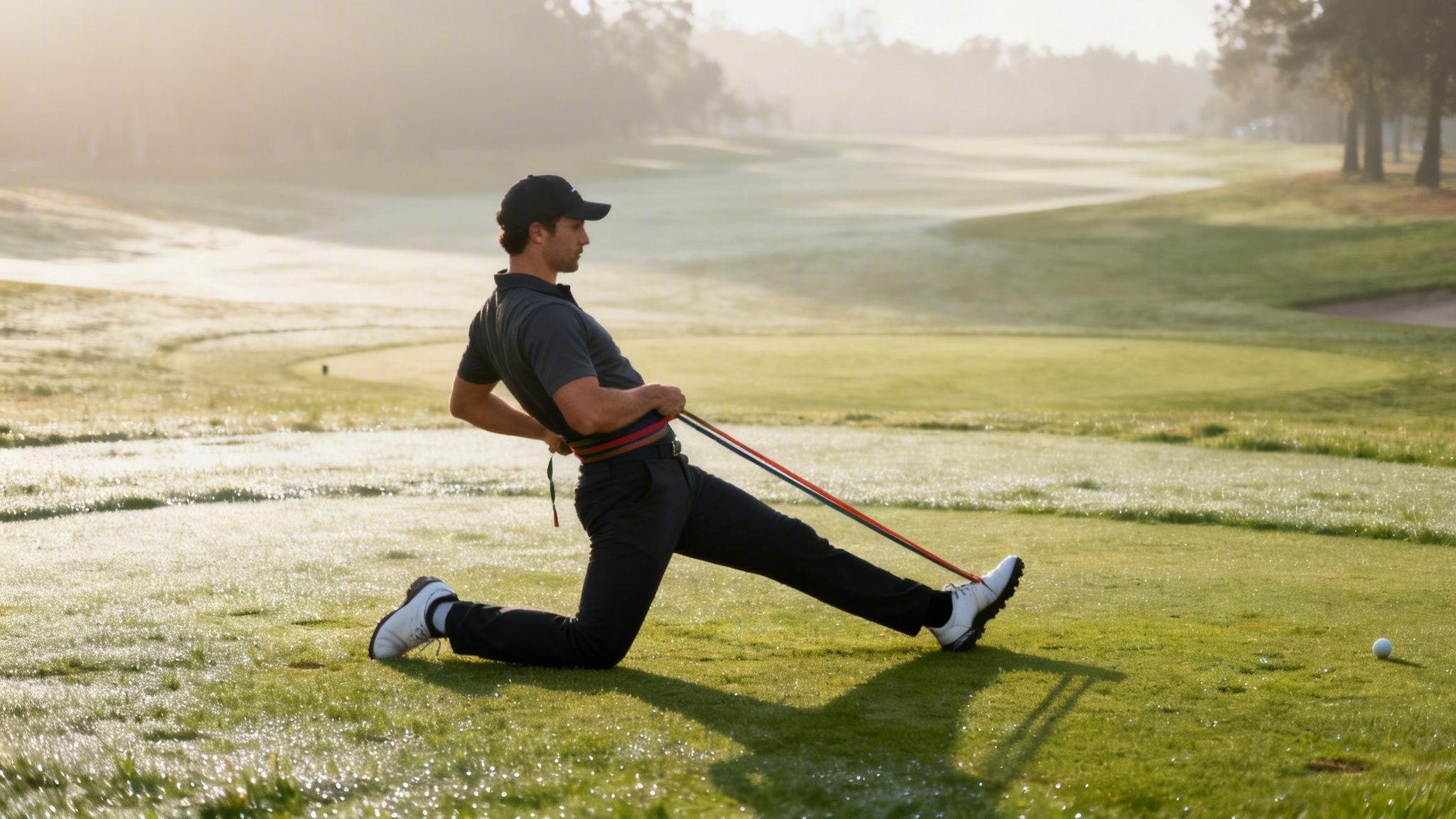 A golfer on a dewy course kneels, pulling resistance bands for physical therapy exercise.
