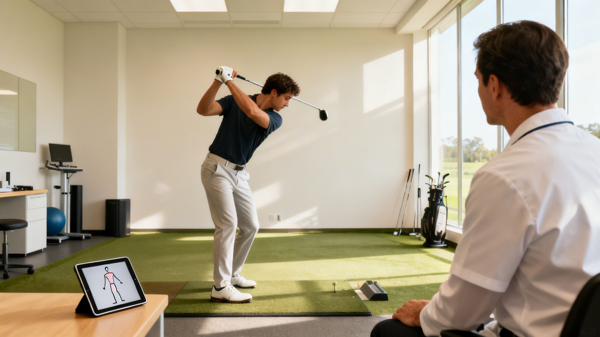 A man swings a golf club in an indoor practice facility while an instructor watches, with a tablet showing a body diagram.