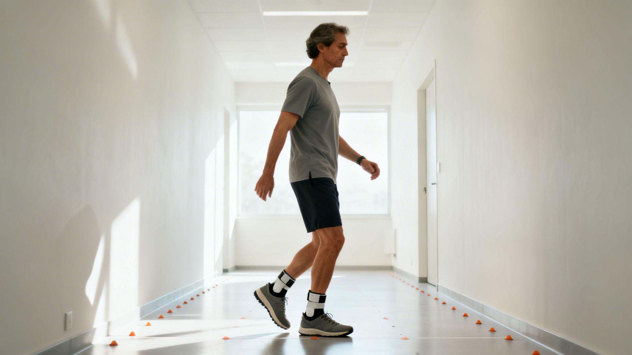 A man walks down a brightly lit hallway, performing a gait exercise with orange markers.