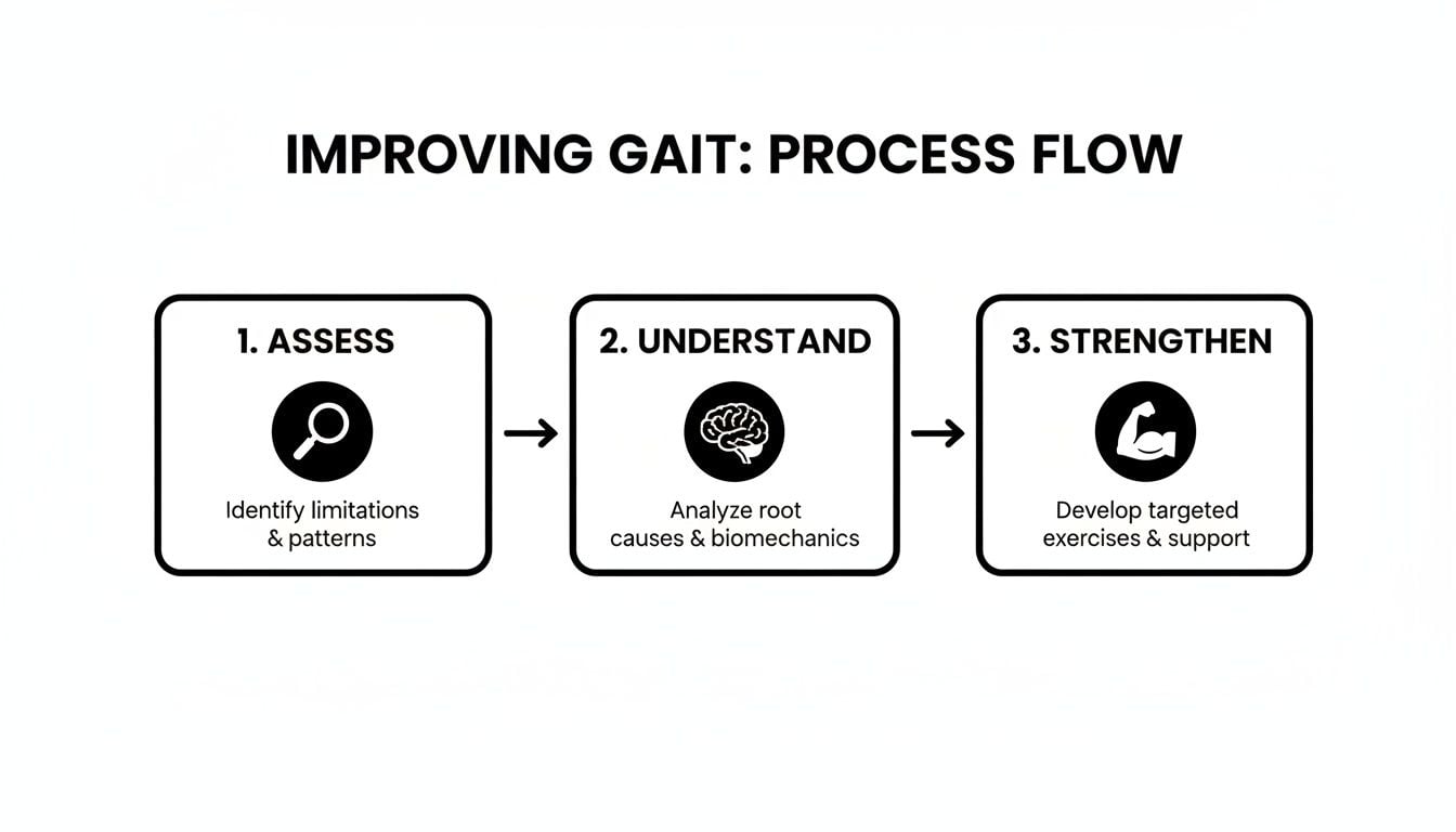 A three-step process flow diagram for improving gait, featuring assess, understand, and strengthen stages.