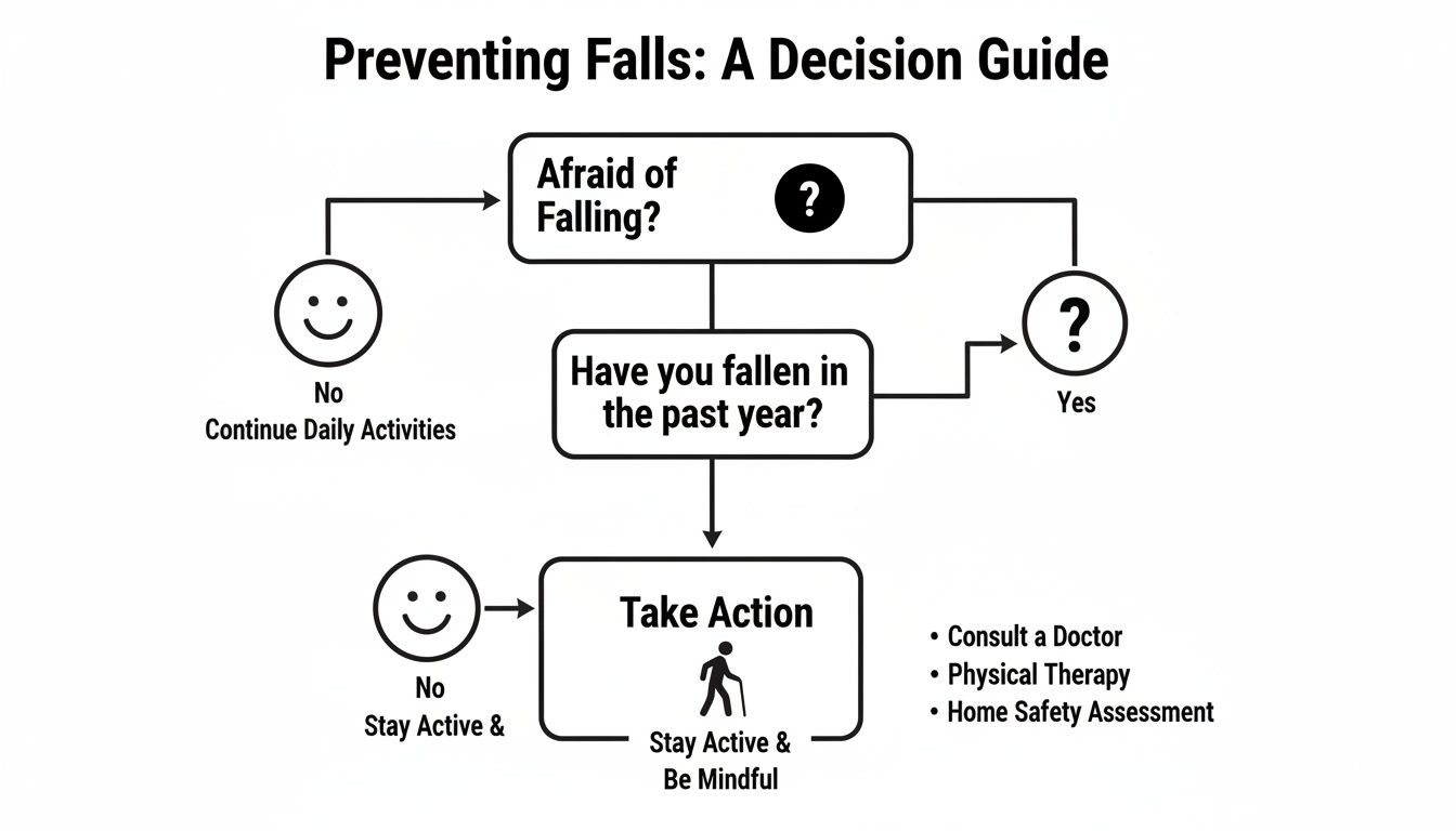 Decision guide flowchart on preventing falls, addressing fear and past falls with recommended actions.