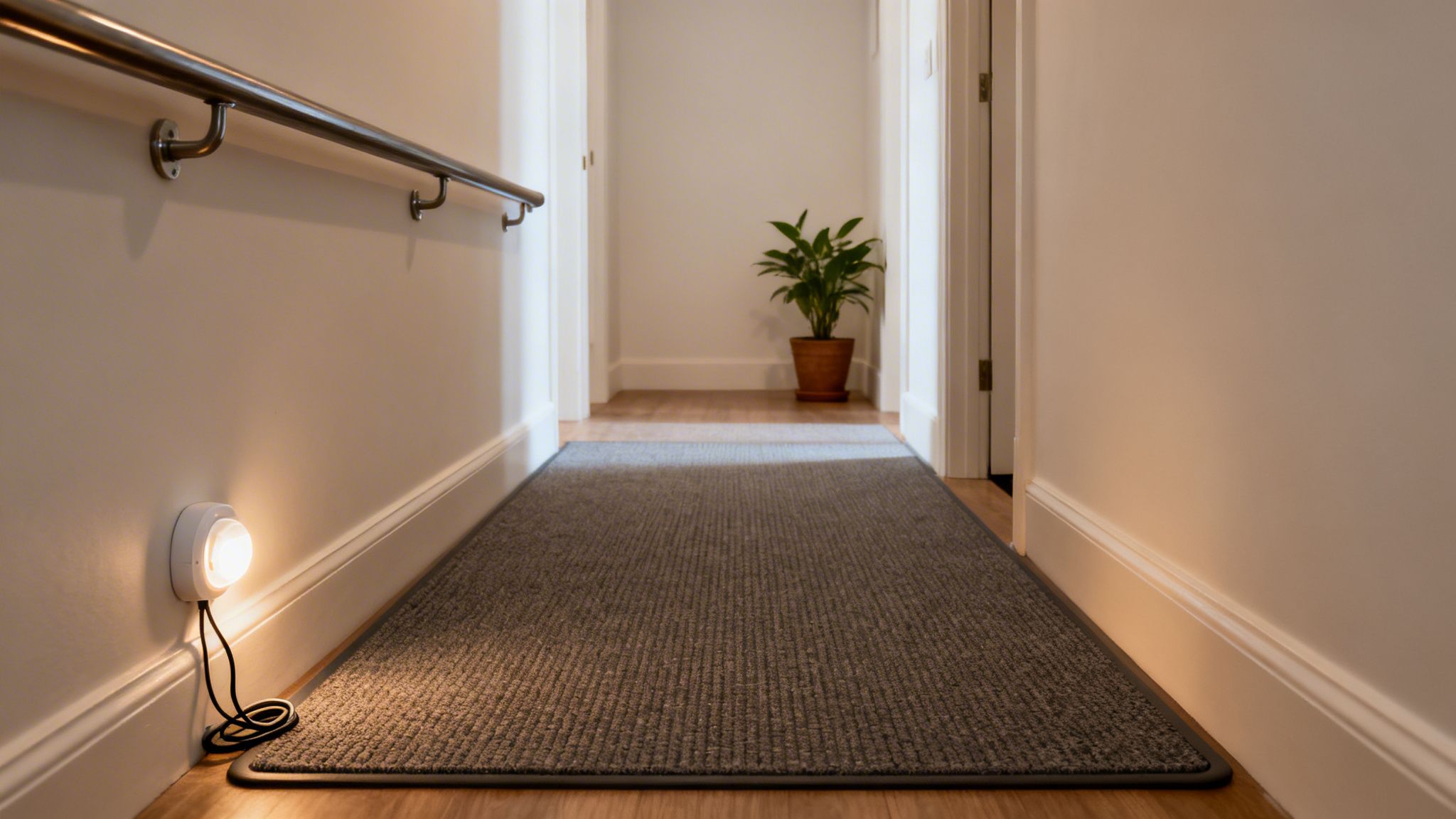 A well-lit home hallway with a metal handrail, carpet runner, and a plant.
