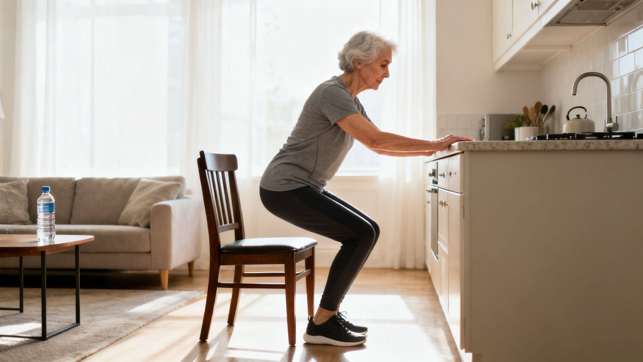 Elderly woman performing squats while holding onto a kitchen counter for support.
