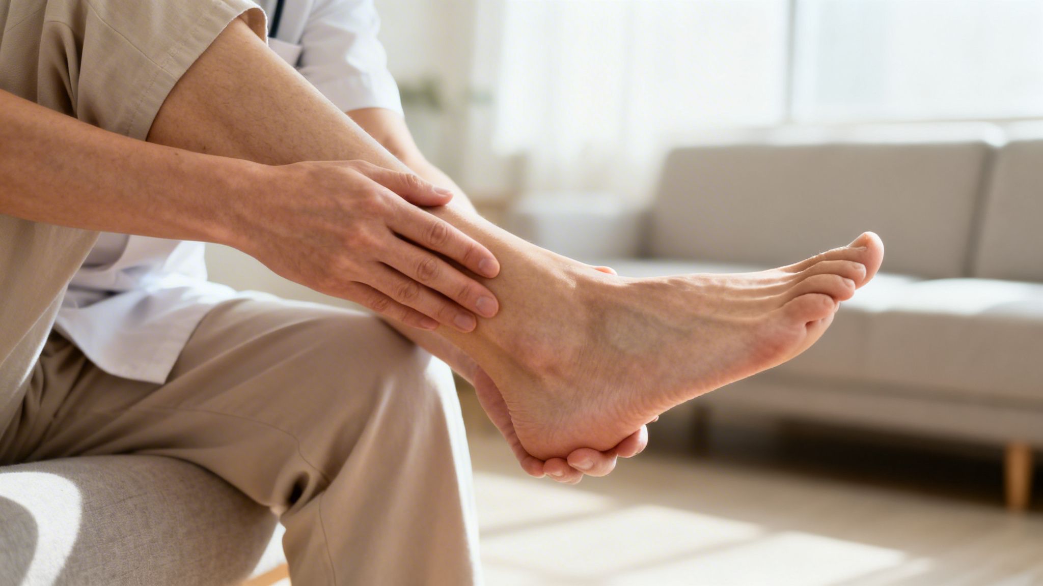 A person gently holds and inspects their ankle and foot, potentially for swelling or discomfort, at home.