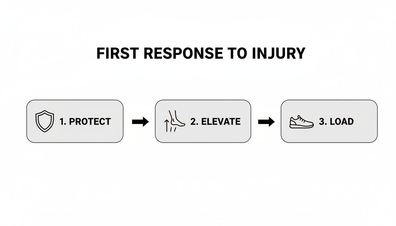 Diagram illustrating the first response to injury, showing Protect, Elevate, and Load steps.