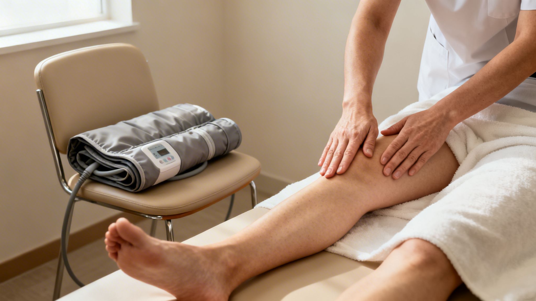 Therapist massaging a patient's leg, possibly for improved circulation or to reduce swelling.