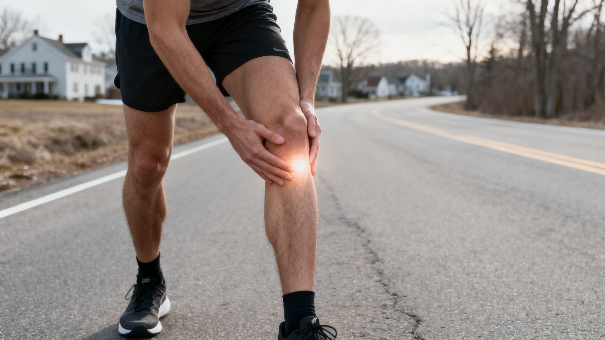 A male runner in athletic wear holds his knee with a glowing effect, indicating pain on a rural road.