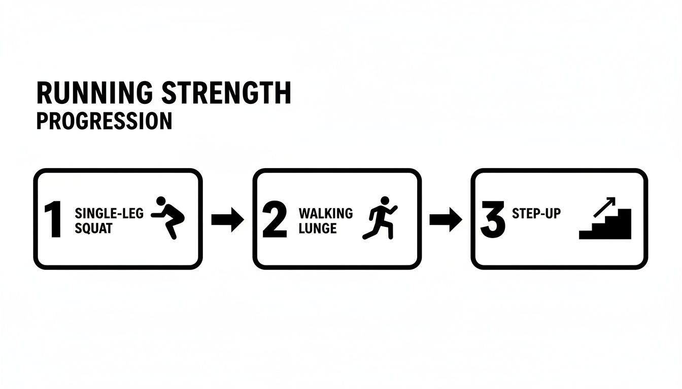 Running strength progression displaying three exercises: single-leg squat, walking lunge, and step-up.