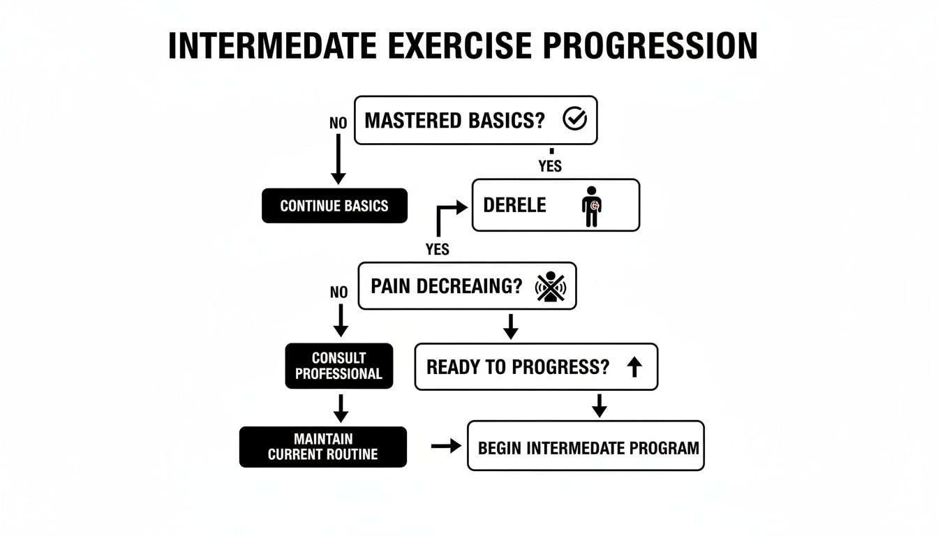 Flowchart for intermediate exercise progression, guiding decisions based on mastering basics, pain, and readiness to advance.