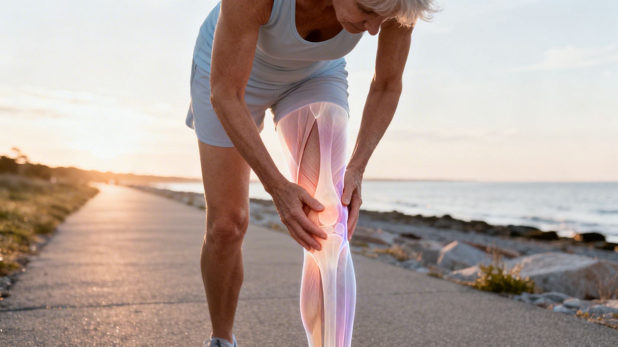 Elderly woman holding her painful knee with anatomical overlay, exercising outdoors by the sea.