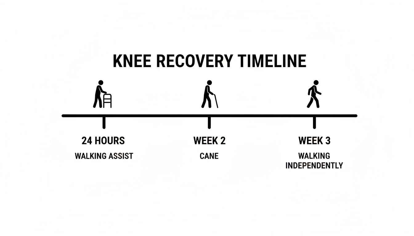 A visual timeline illustrating knee recovery progression, from 24 hours with a walking assist to independent walking by week 3.