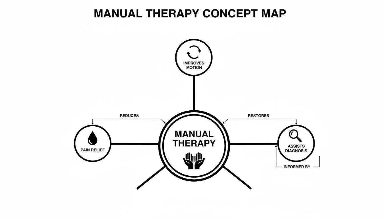 A black and white concept map illustrating the benefits and applications of manual therapy.