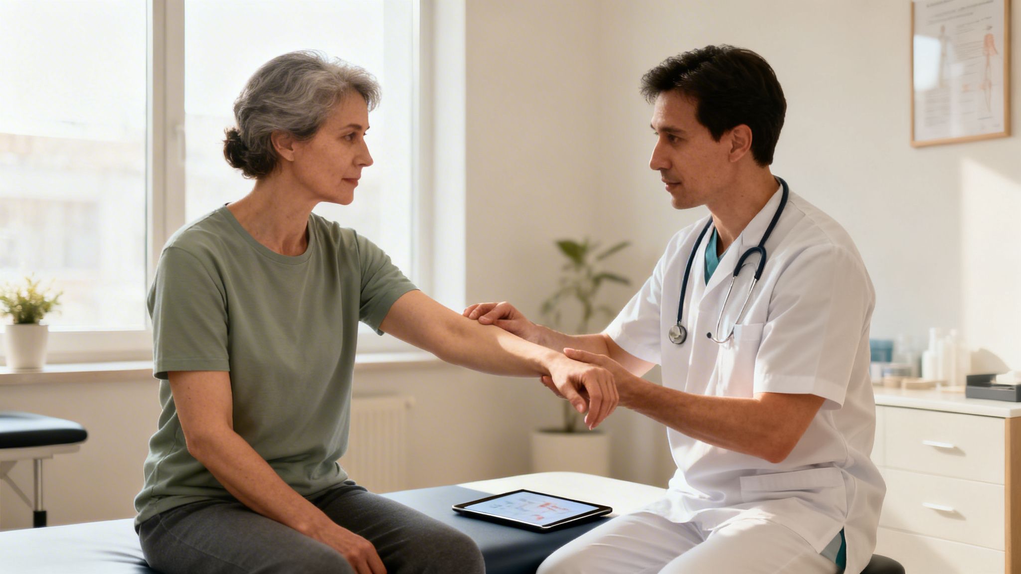 Male physiotherapist examines an elderly woman's arm during a manual physical therapy session.