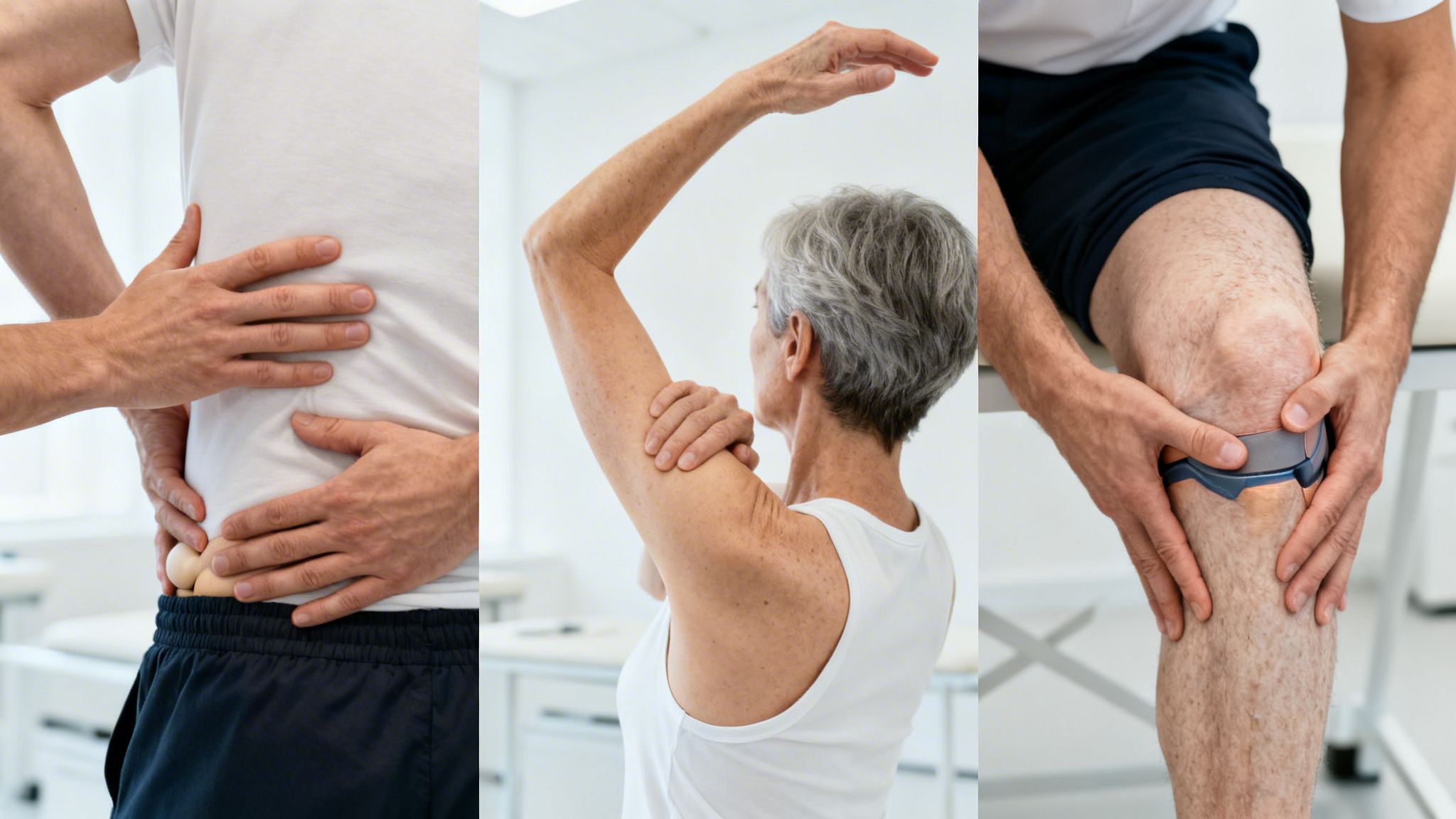 Collage of patients undergoing physical therapy for back, shoulder, and knee pain, illustrating rehabilitation.