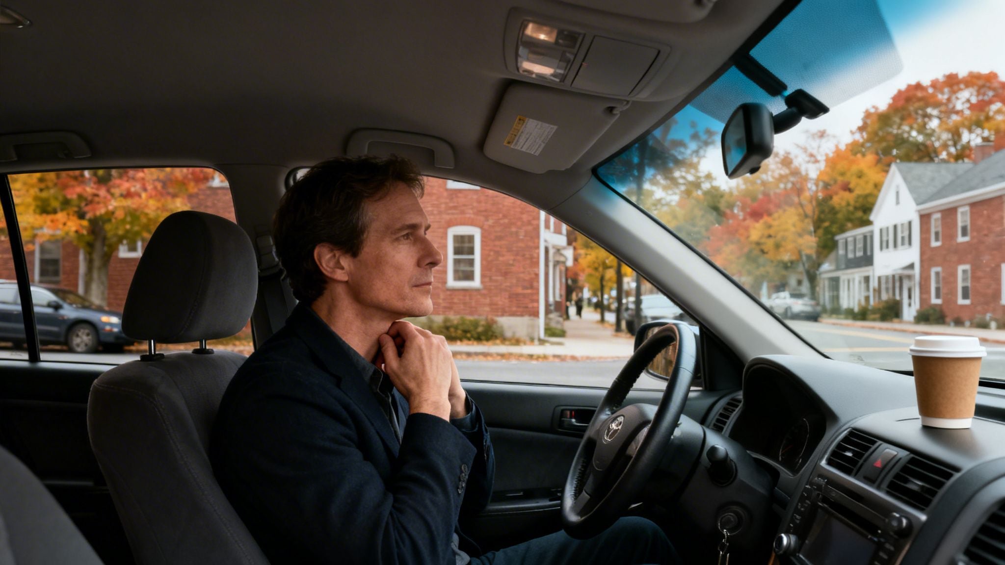 A pensive man sits in a car, touching his neck, looking out at an autumn street.