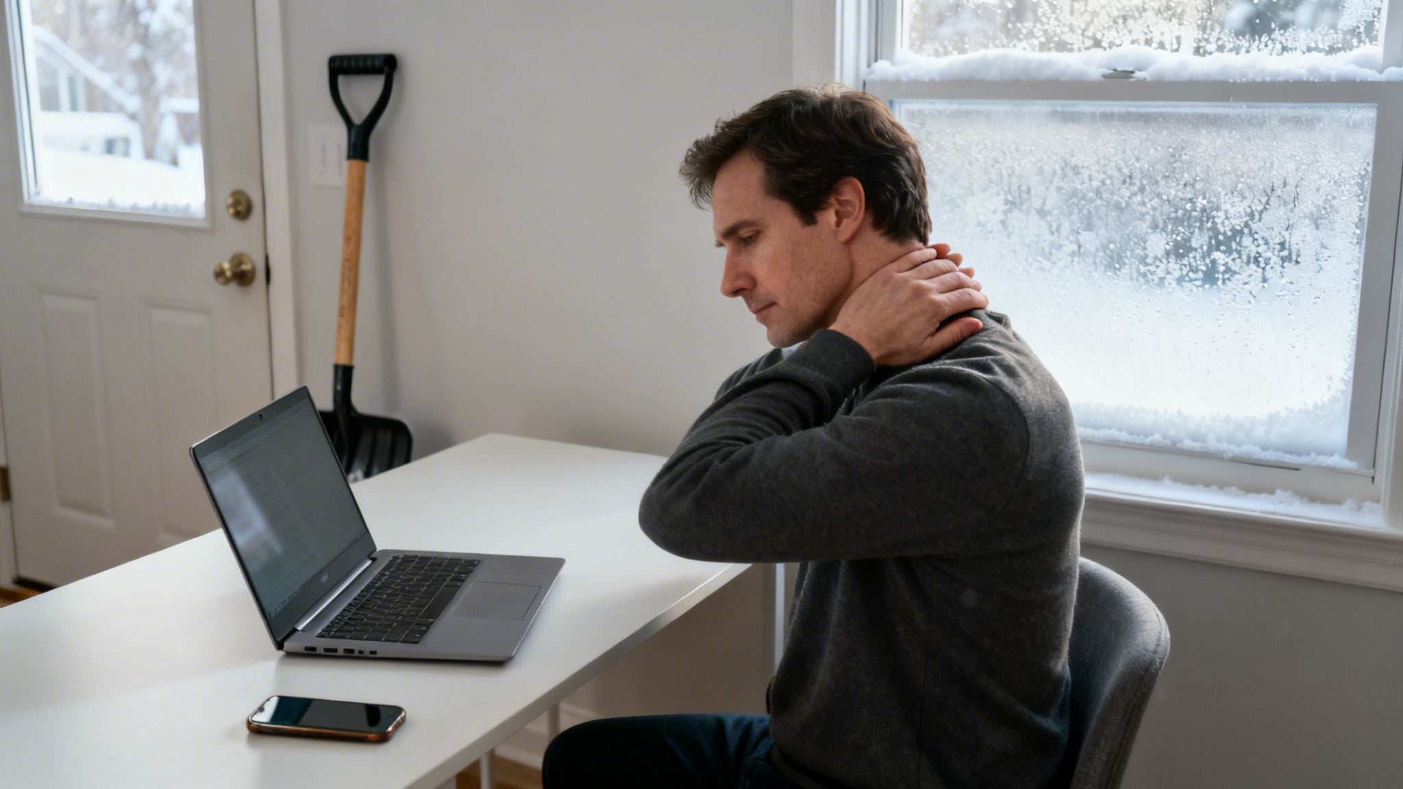Man suffering from neck pain while working on laptop at a desk with a snowy window.