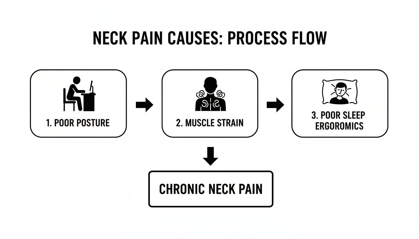 A process flow diagram illustrating neck pain causes: poor posture, muscle strain, and poor sleep ergonomics, leading to chronic neck pain.