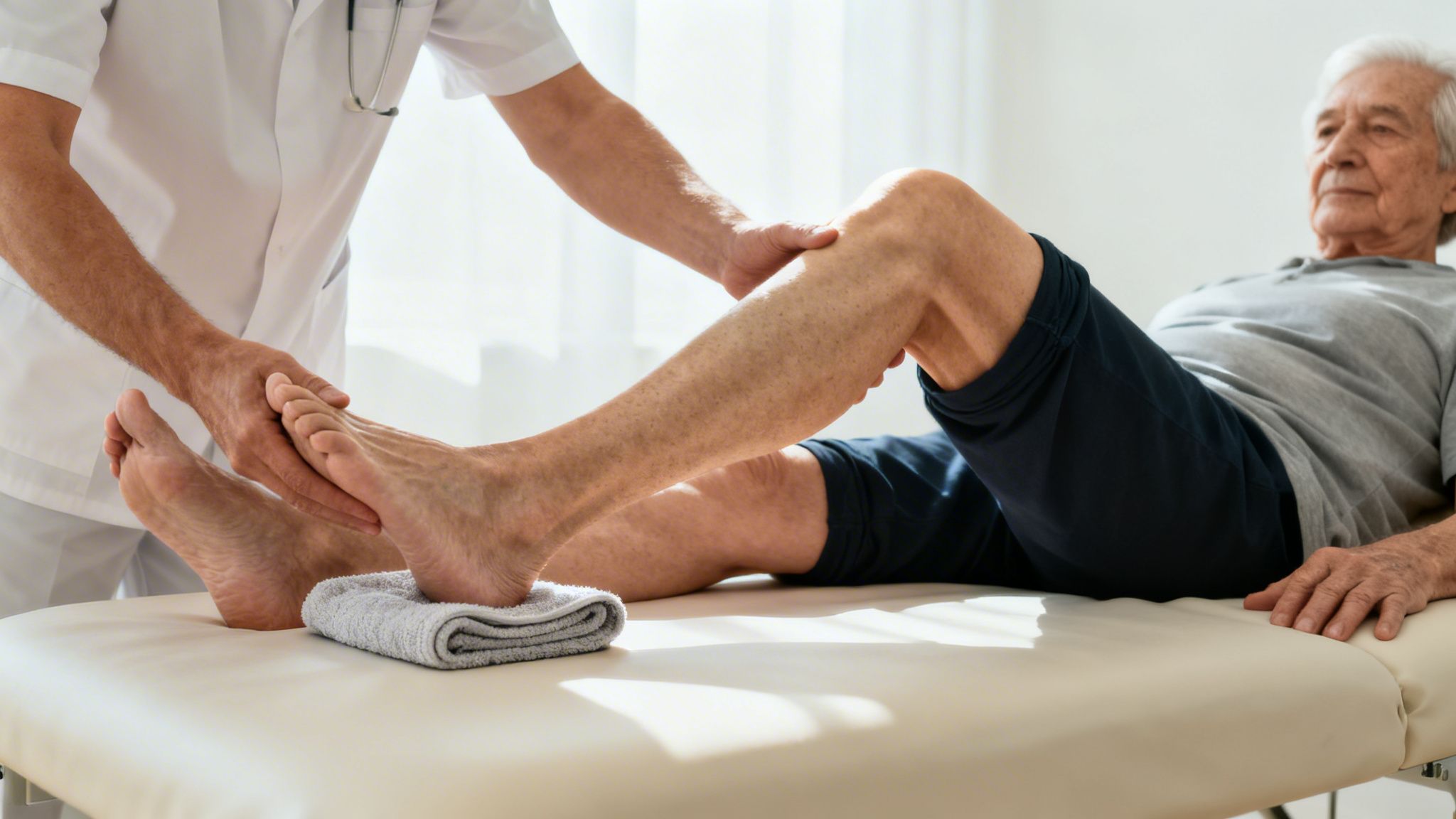 A physical therapist assists an elderly man with leg stretches during a rehabilitation session.