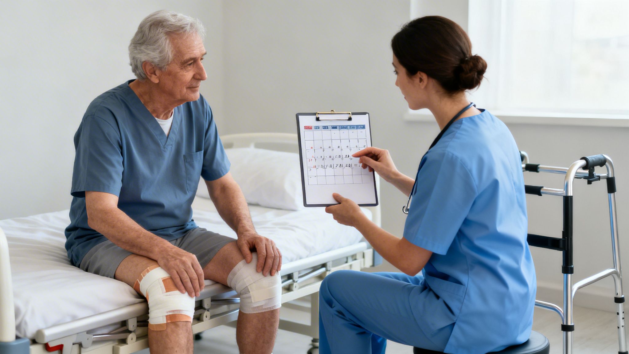 An elderly man with bandaged knees sits on a hospital bed, talking to a nurse.