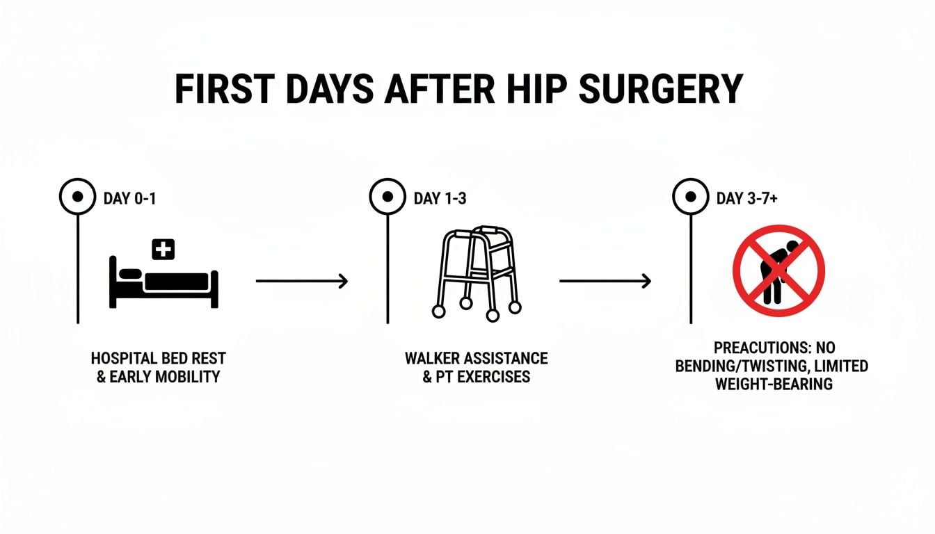 Visual timeline illustrating the initial days after hip surgery, outlining bed rest, walker use, and crucial precautions.