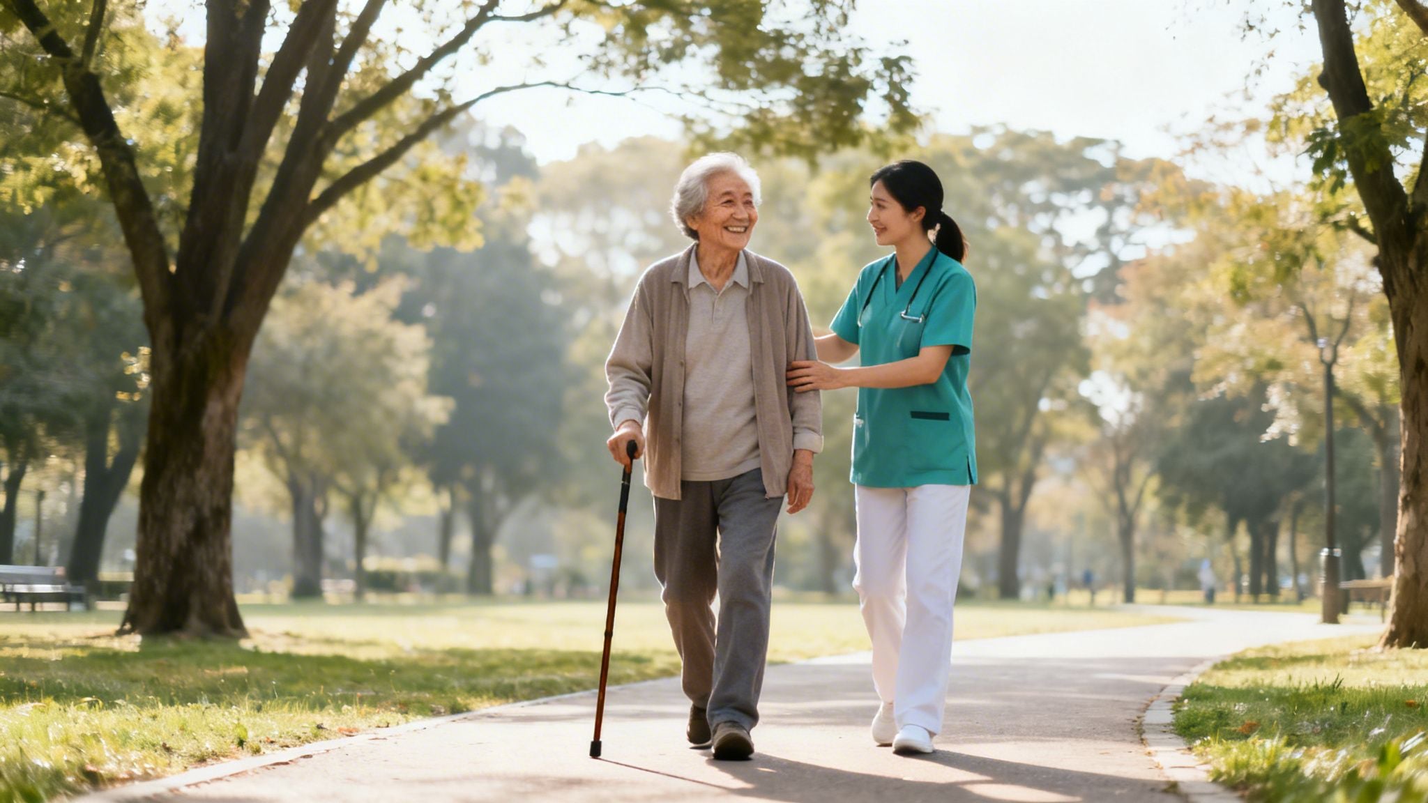 An elderly Asian man with a cane walks happily with a smiling nurse in a sunny park.