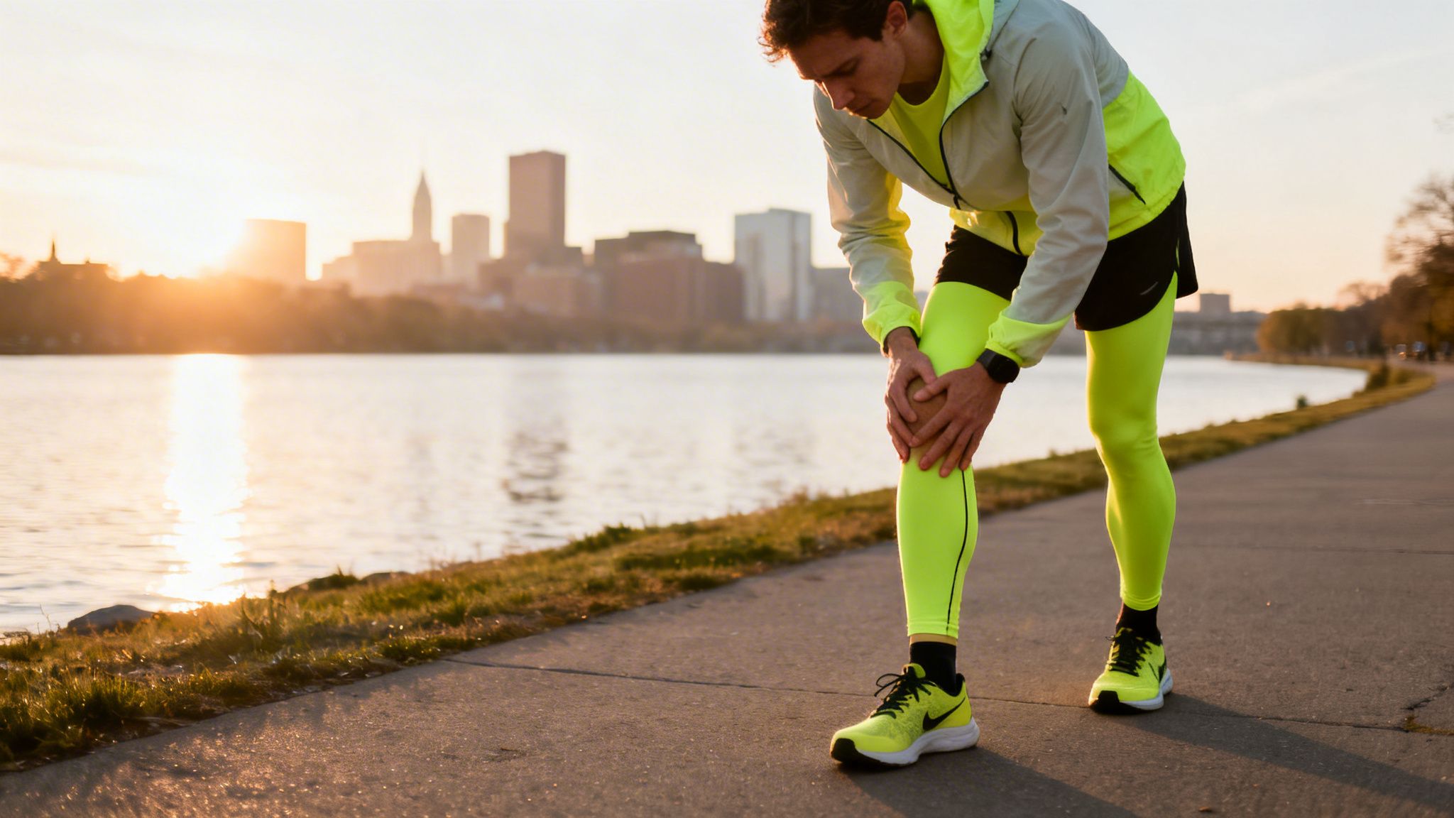 A male runner holding his painful knee on a path beside a lake with a city skyline at sunset.