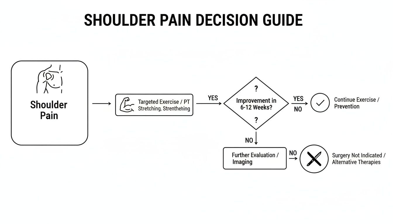 A flowchart detailing a shoulder pain decision guide, from initial pain to exercise, evaluation, and treatment outcomes.