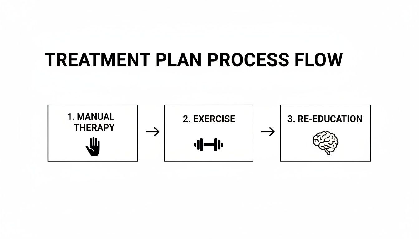 A flow chart outlining a treatment plan process: 1. Manual Therapy, 2. Exercise, 3. Re-education.