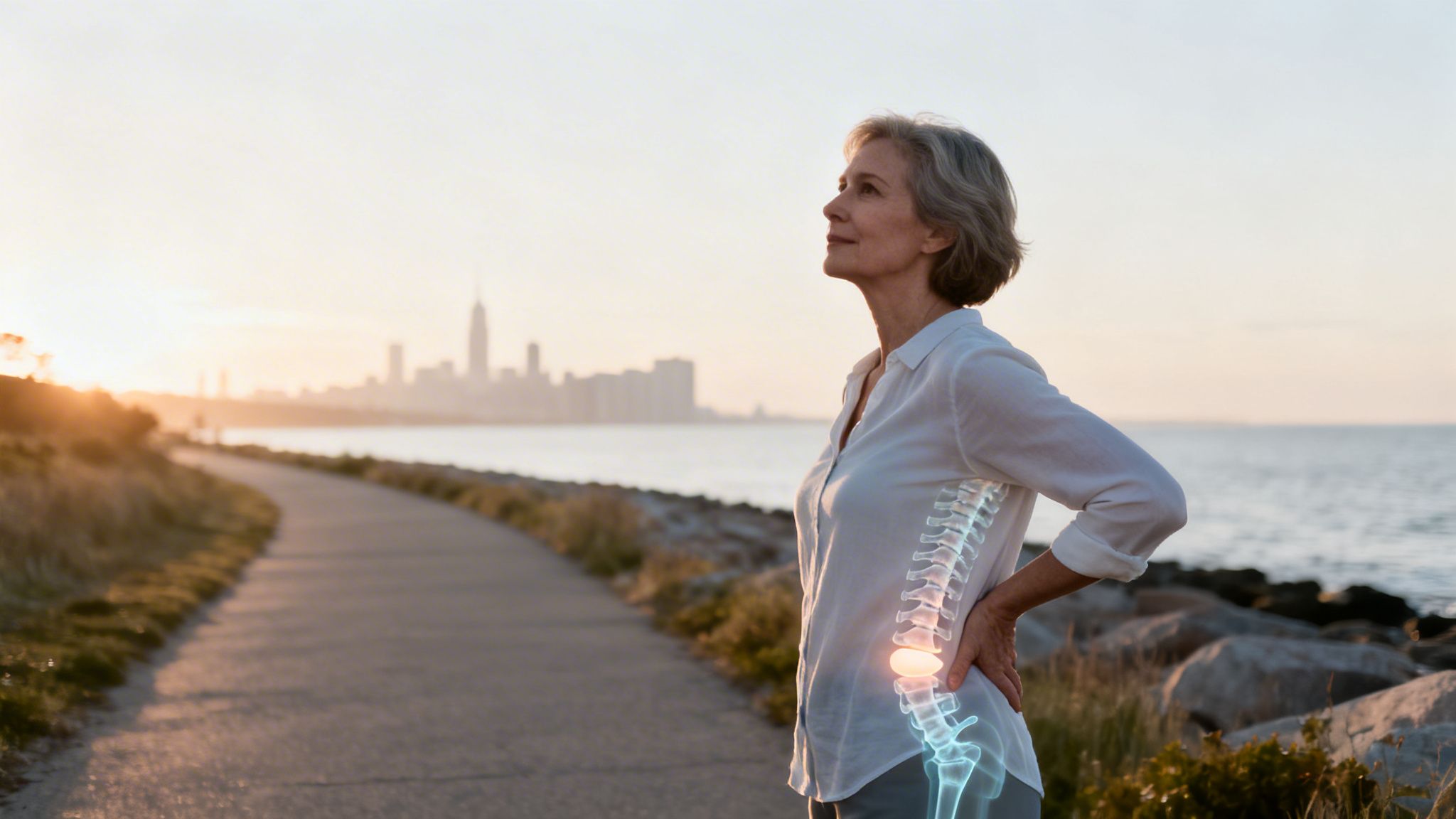 Senior woman with back pain, an X-ray overlay shows a herniated disc on a scenic outdoor path.