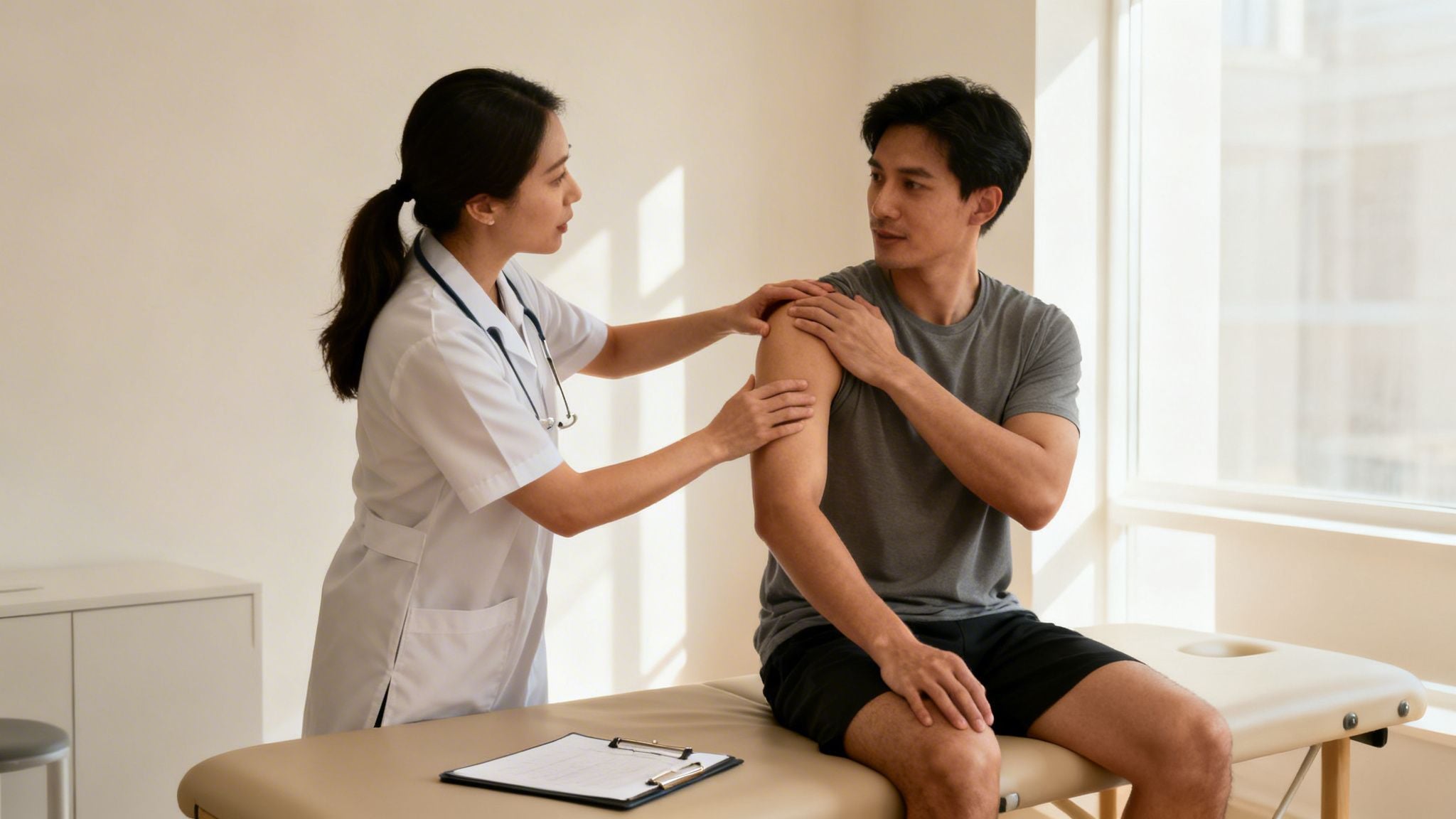 A female doctor examines an Asian male patient's shoulder during a physical therapy session.