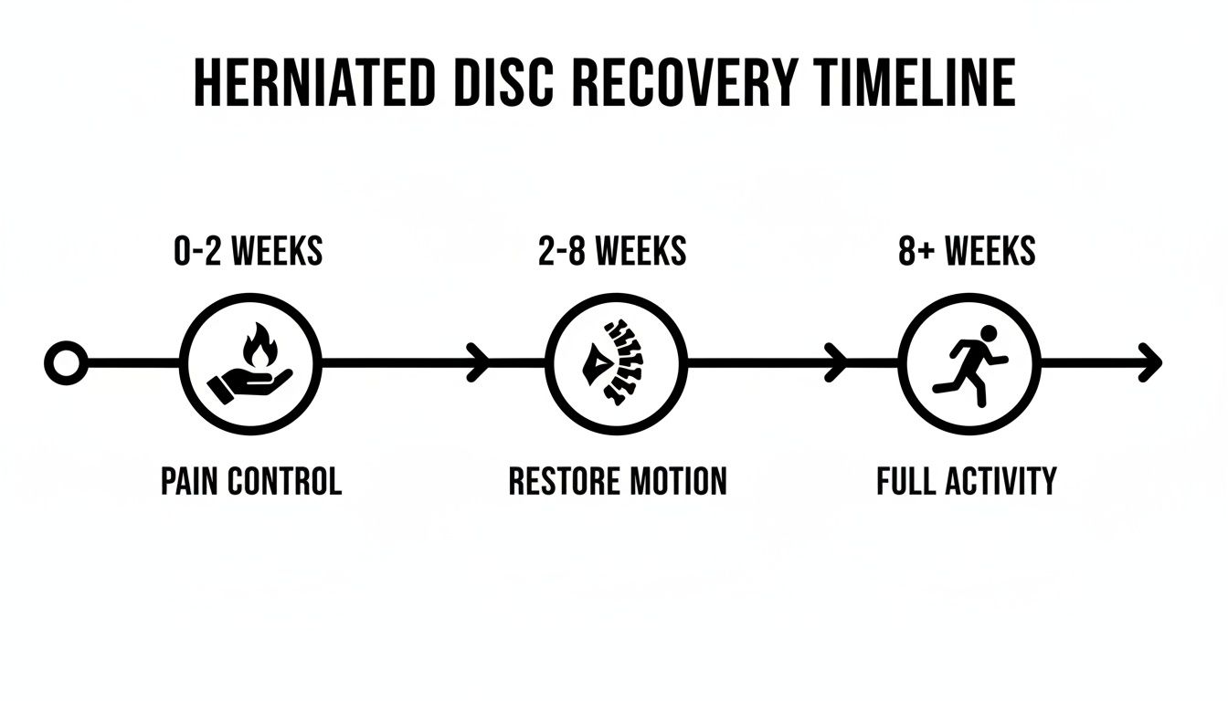 A timeline illustrating herniated disc recovery in three stages: pain control, motion restoration, and full activity.