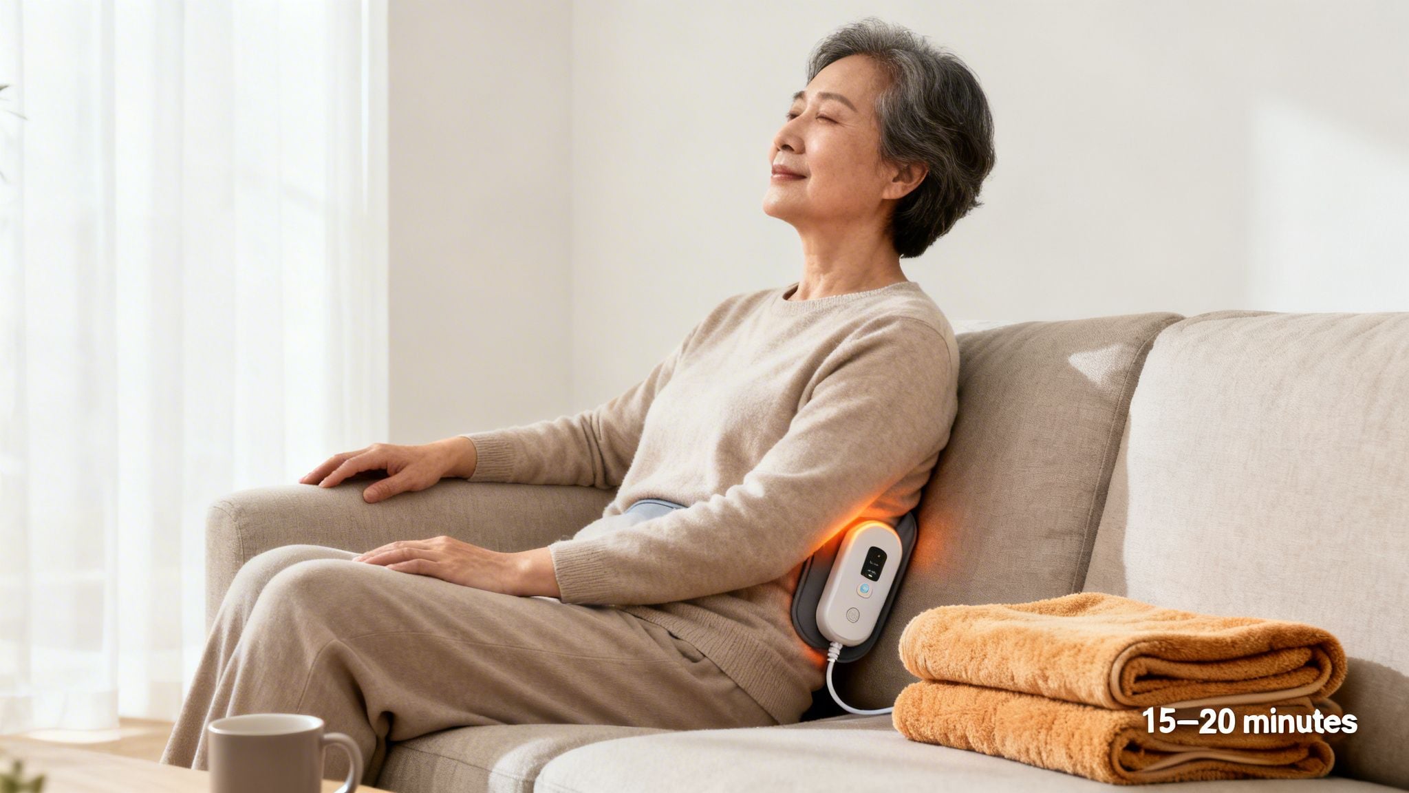 Elderly woman relaxing on a couch, using a glowing heat therapy device on her lower back.