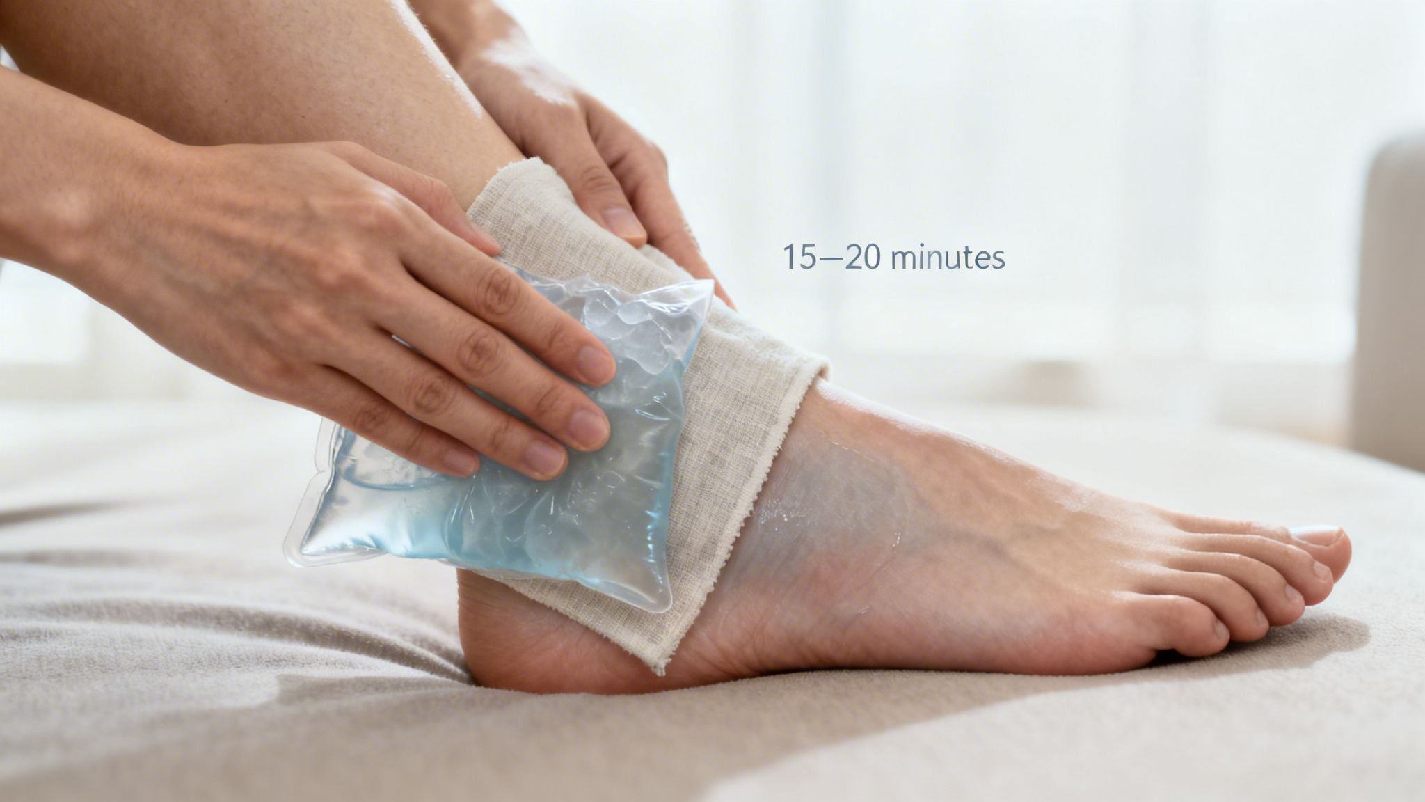 A person applies an ice pack wrapped in a cloth to their ankle, indicating cold therapy for 15-20 minutes.