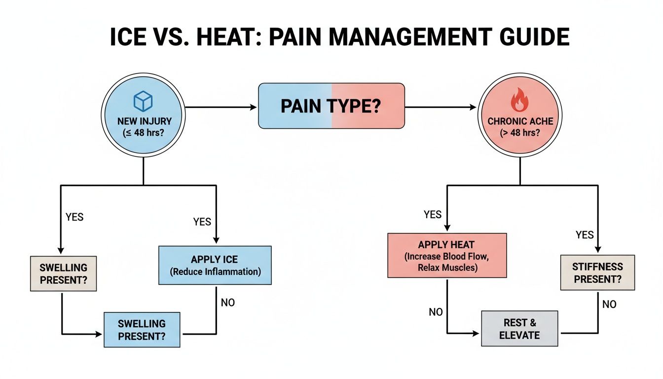 A flowchart guides users on when to apply ice or heat for pain management based on injury type and symptoms.