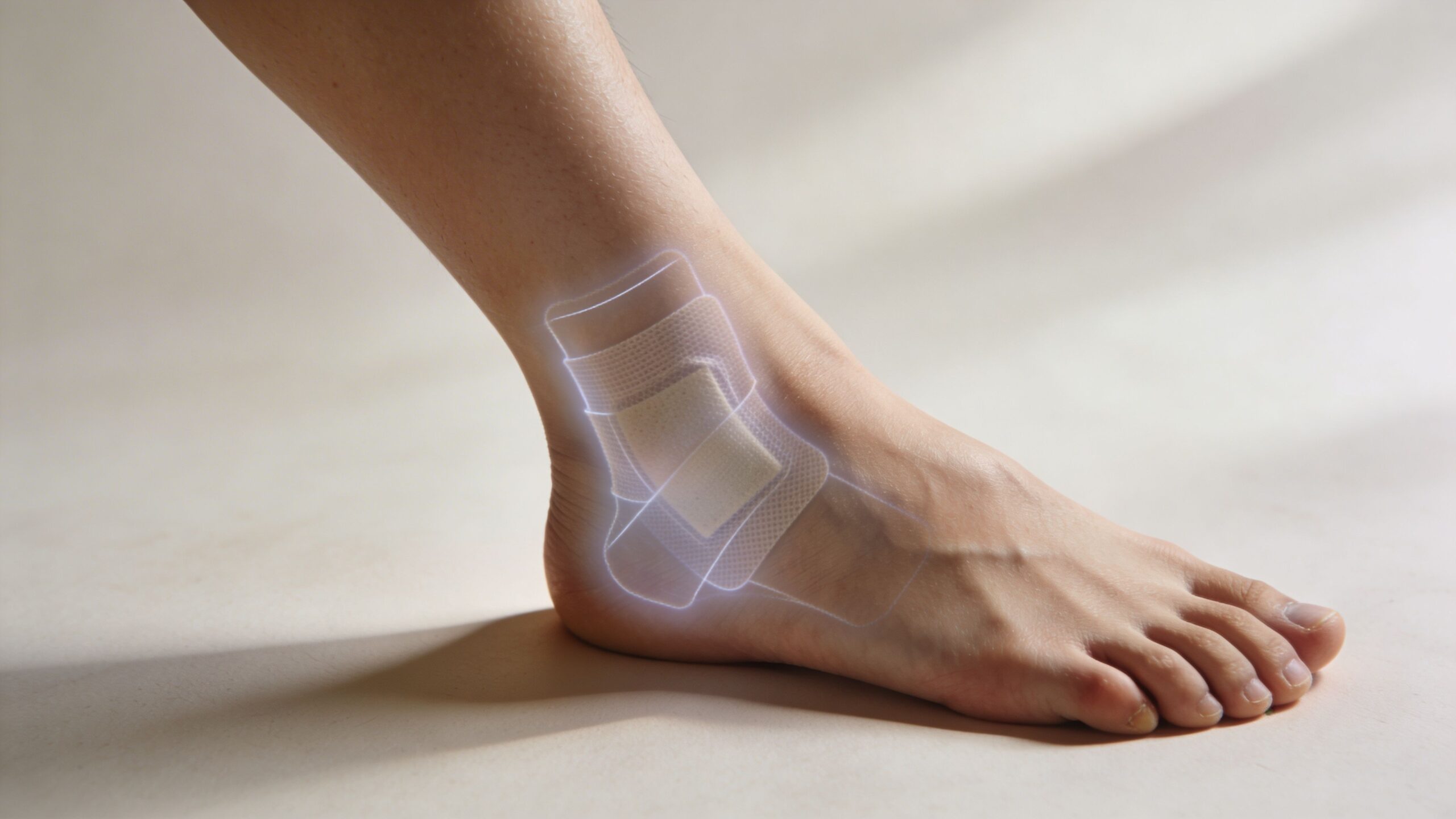 A close-up view of a person's foot and ankle with a digital holographic overlay suggesting medical treatment.
