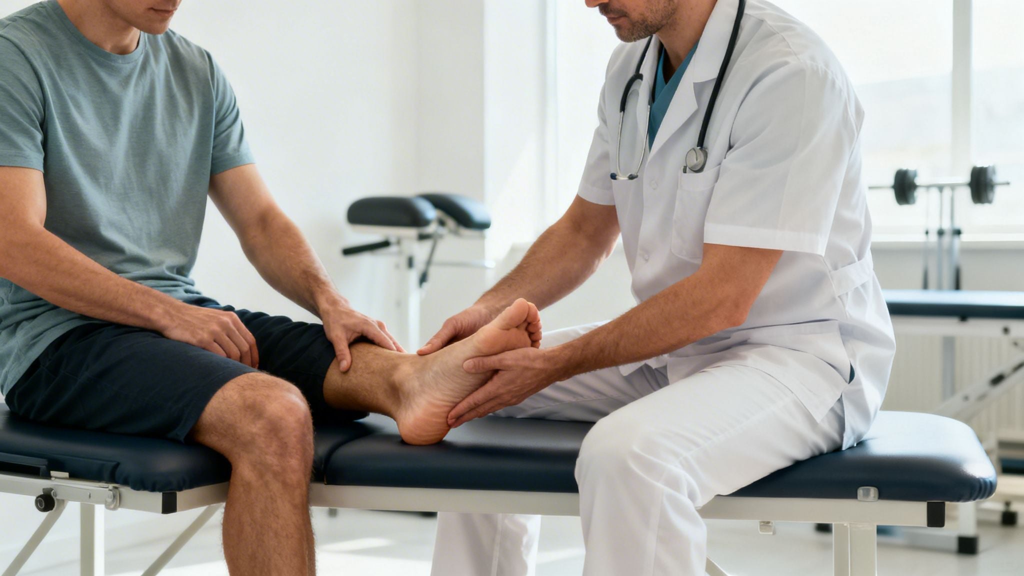 A doctor in a white coat examines a male patient's ankle and foot on an examination table.