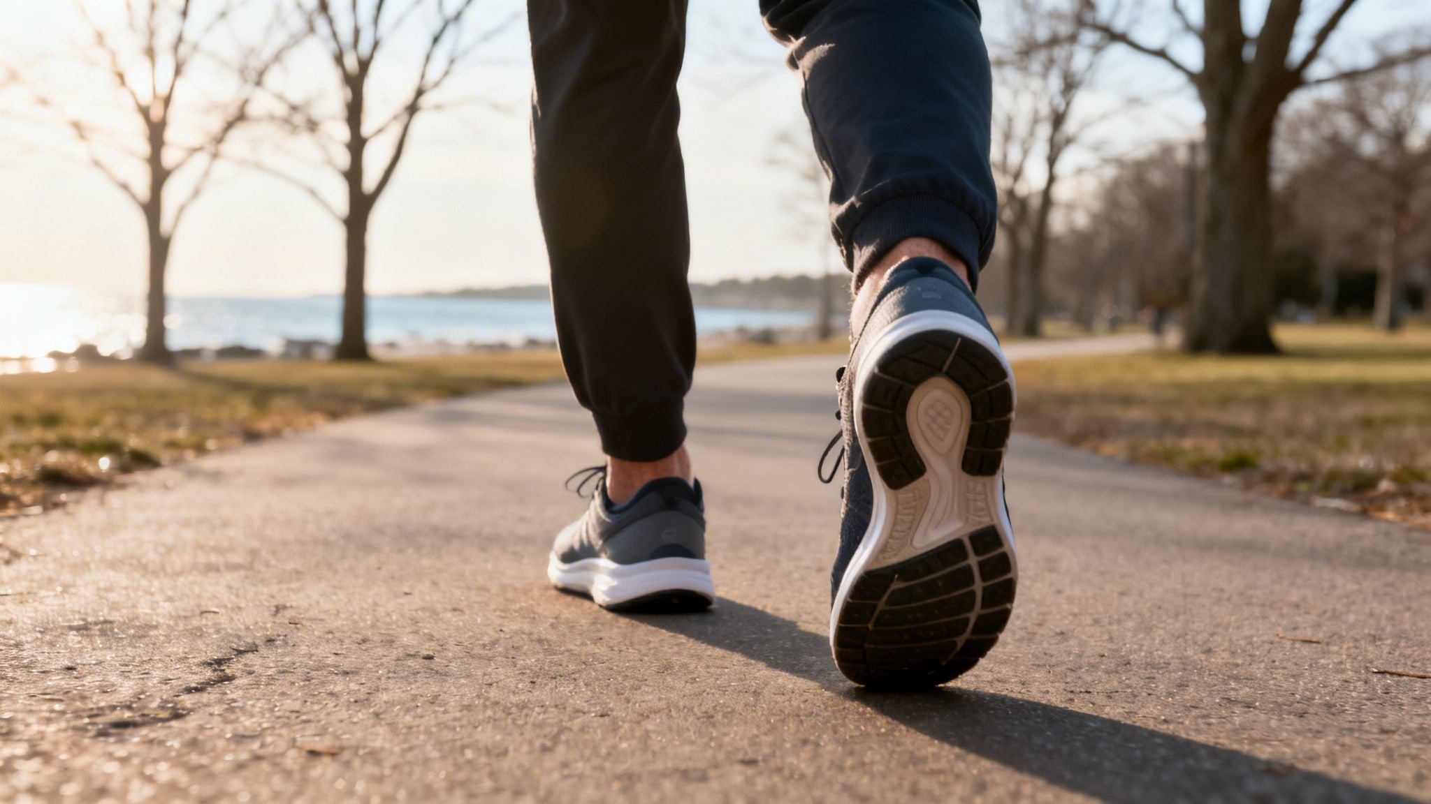 Close-up of a person walking in athletic shoes on a path beside a body of water.