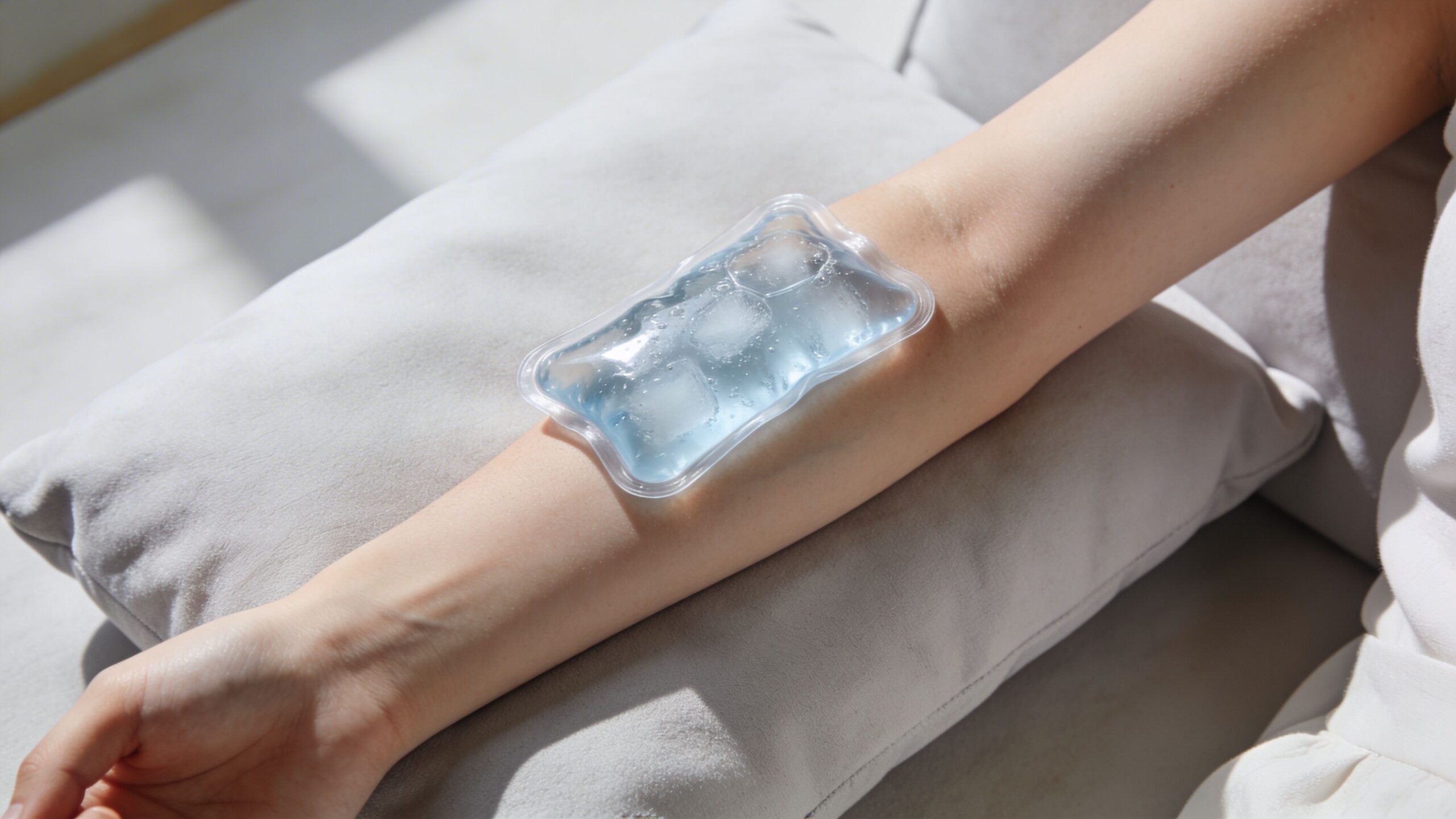 A person applying a clear ice pack to their inner forearm while resting on a soft pillow.