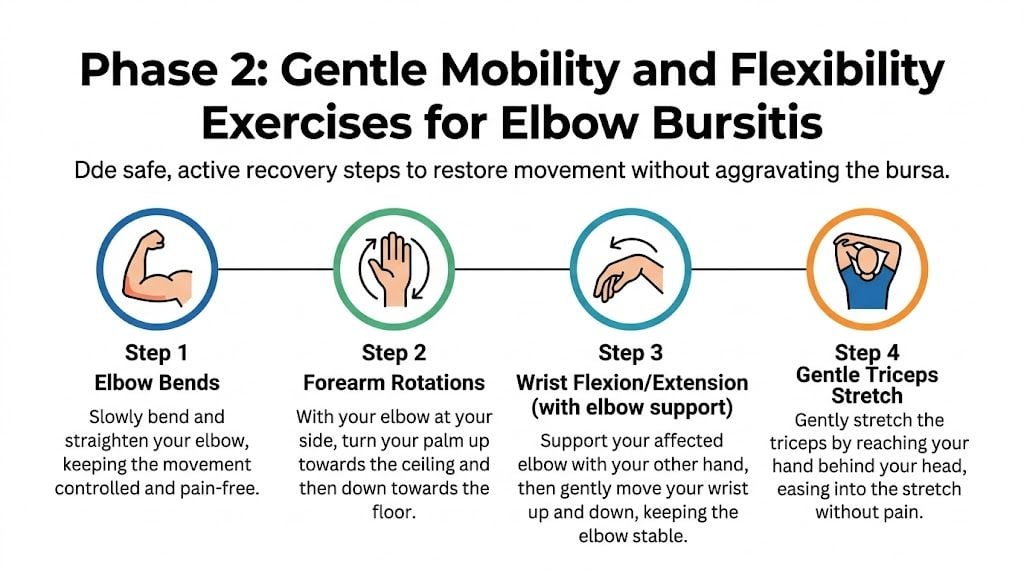 A four-step infographic illustrating gentle mobility and flexibility exercises designed to aid recovery from elbow bursitis.